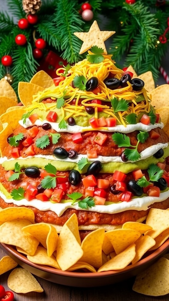 Christmas Tree 7 Layer Dip Recipe A colorful Christmas Tree 7 Layer Dip with layers of beans, guacamole, sour cream, salsa, cheese, olives, and tomatoes, garnished with cilantro, served with tortilla chips.